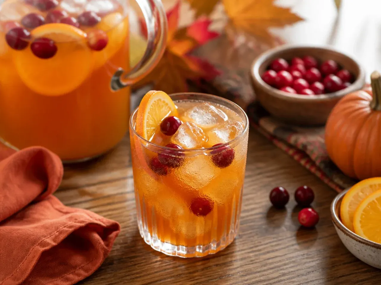 A pitcher of make-ahead thanksgiving mocktail mix chilling in the refrigerator