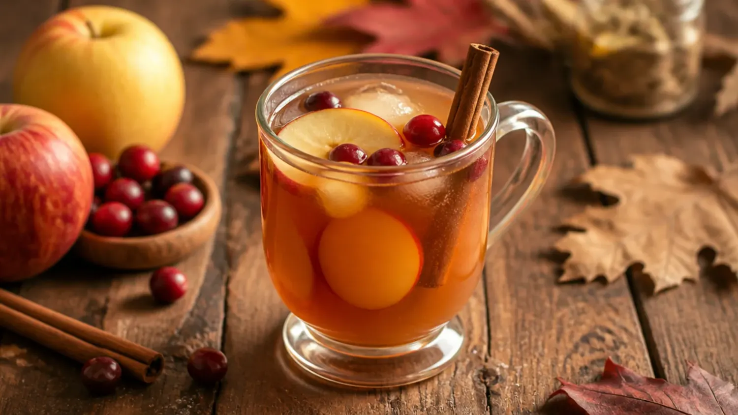 A wooden table set with glasses of spiced apple cider, cranberry mocktails and pumpkin steamers, garnished with cinnamon sticks and orange slices for Thanksgiving