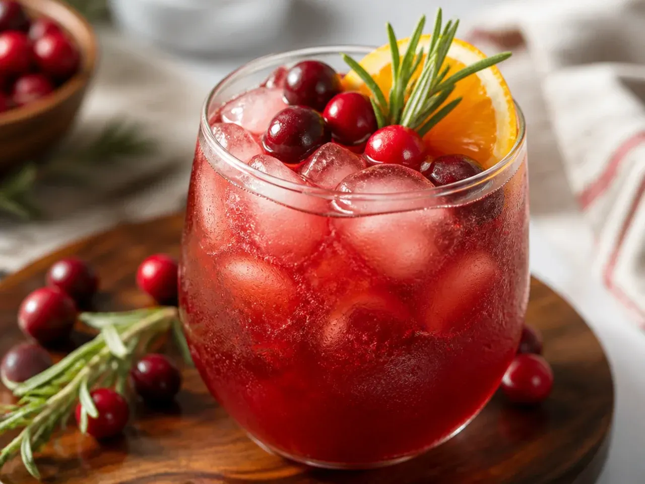 Overhead shot of a Thanksgiving drinks station with pitchers of cider, cranberry mocktails and garnishes laid out on a table