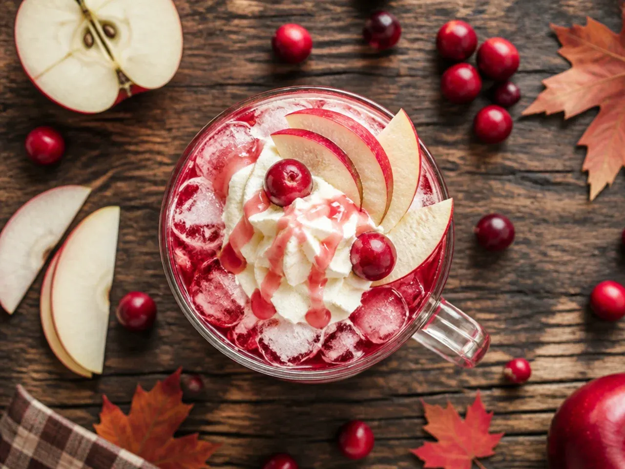Tall glass of iced cranberry apple cooler with ice cubes and an orange wheel garnish