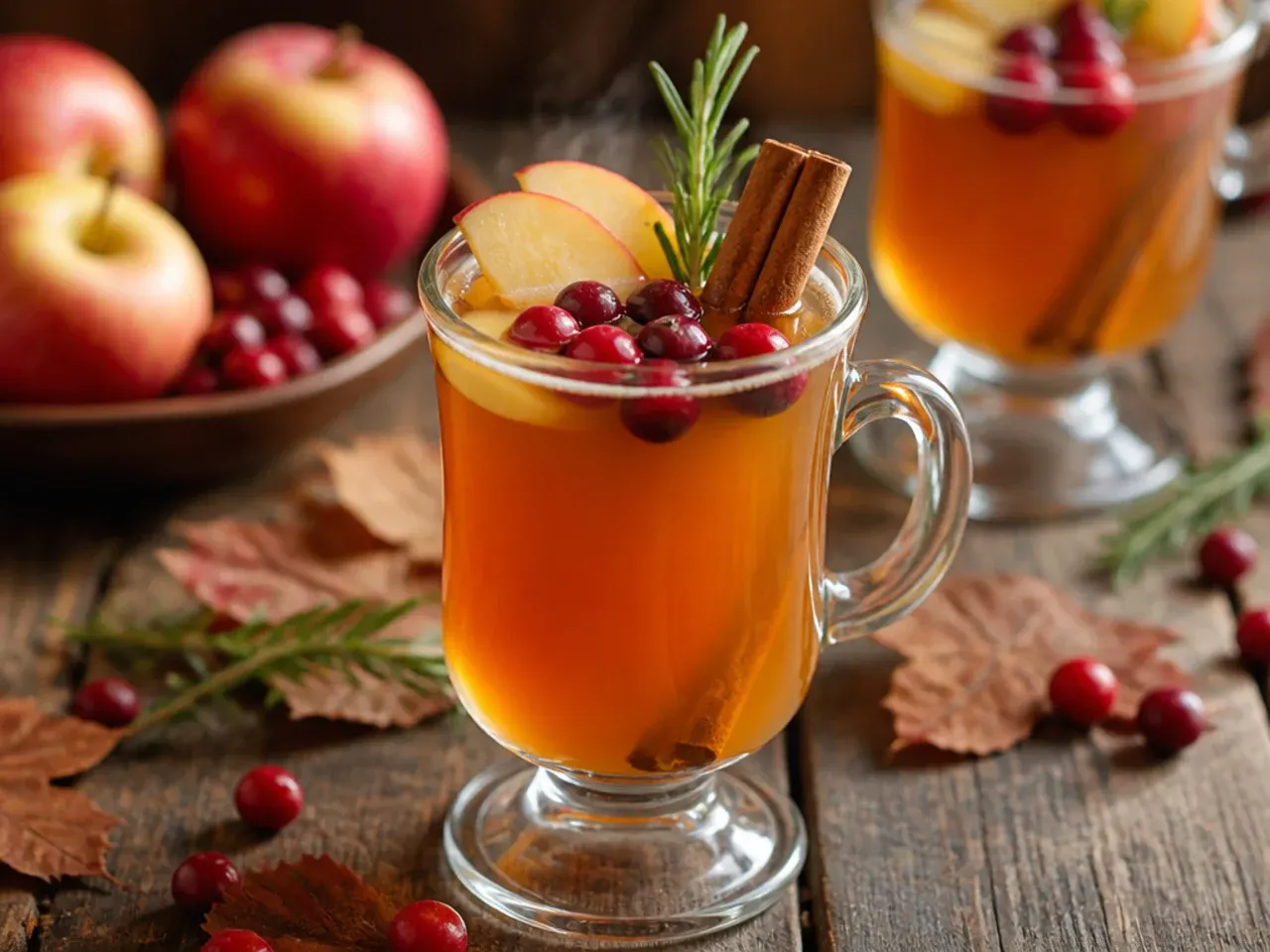Pot of simmering spiced apple cider with cinnamon sticks and orange slices floating on top