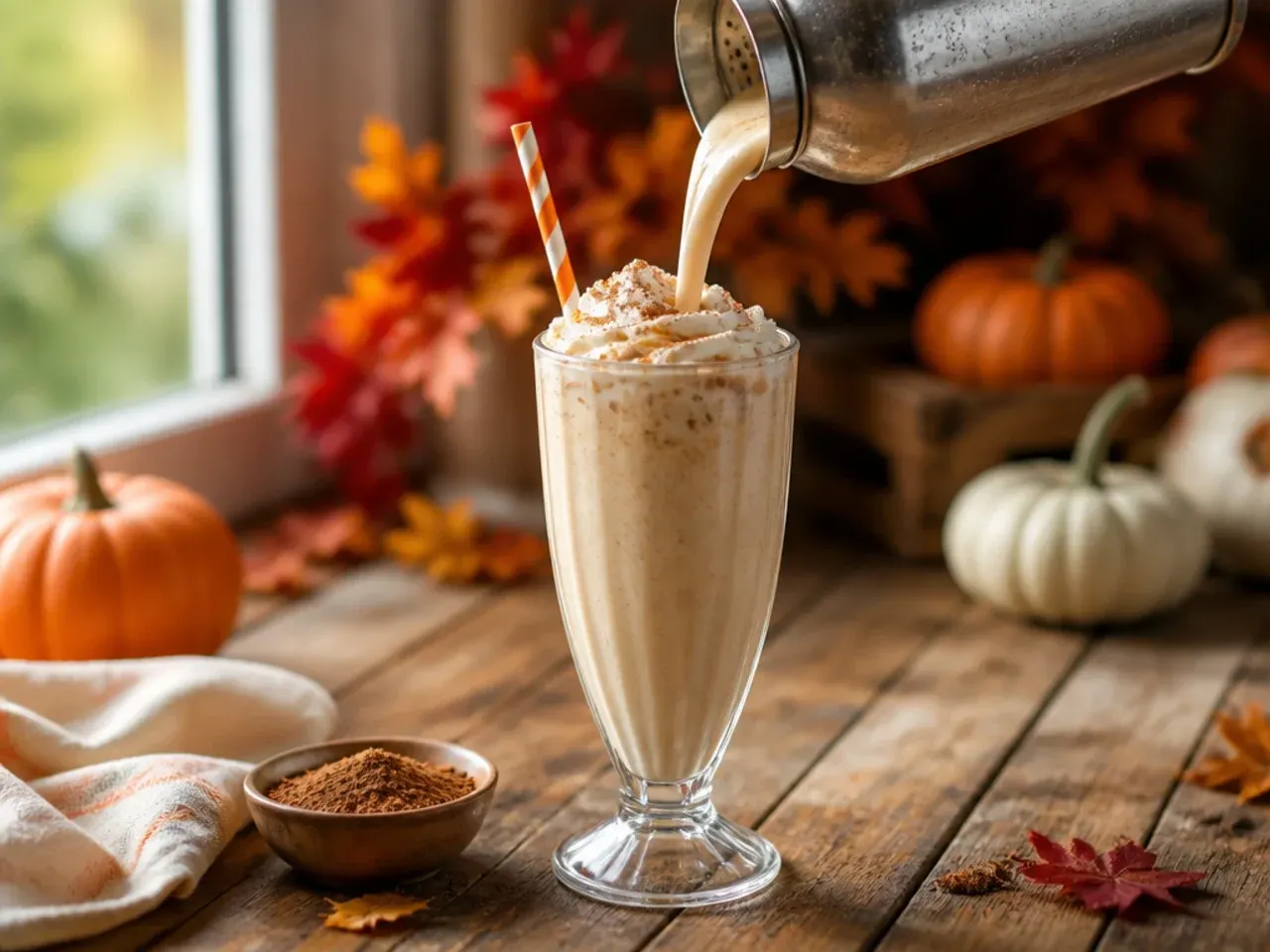Creamy pumpkin spice milkshake in a glass topped with whipped cream and a dusting of cinnamon