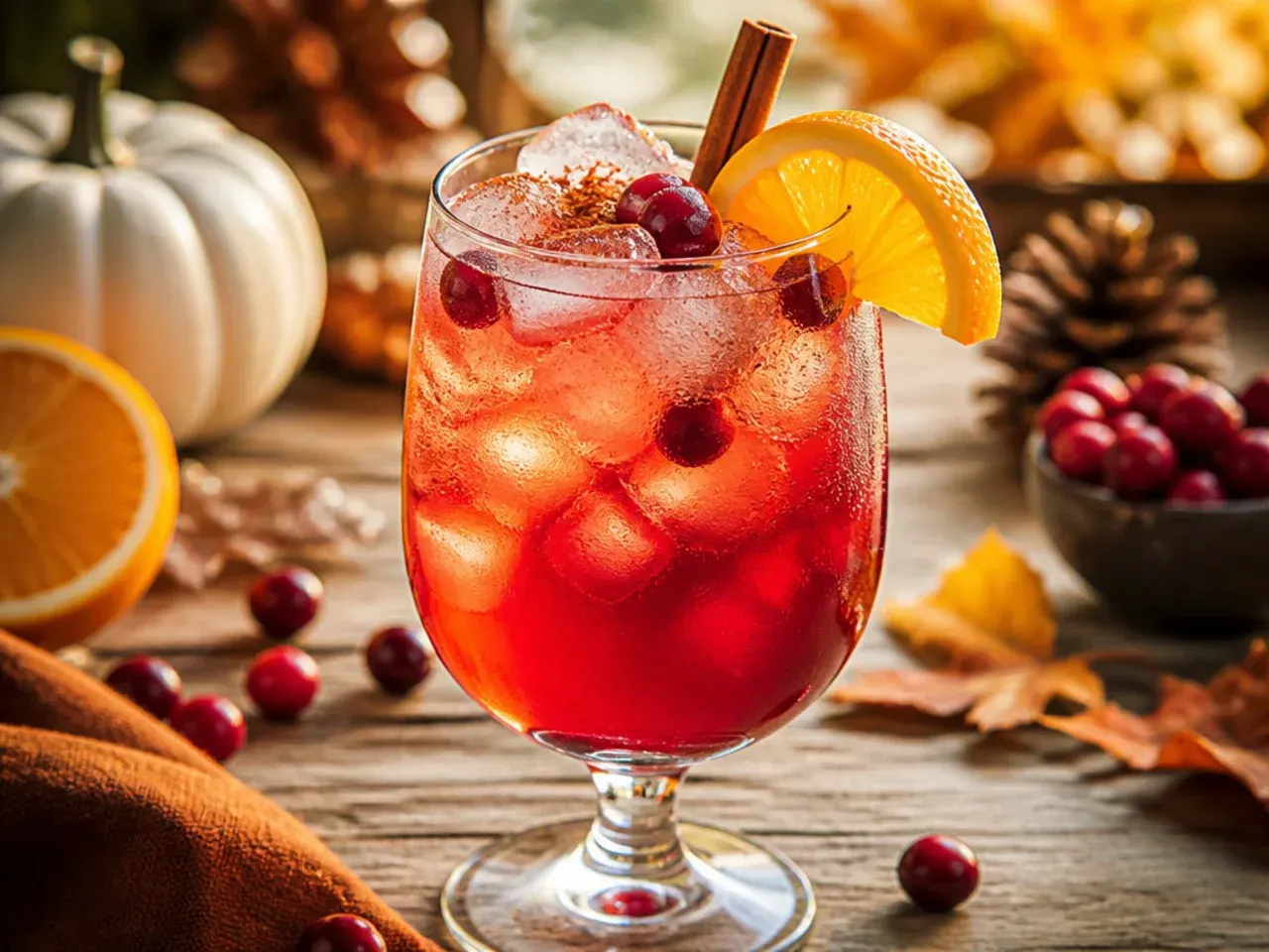 Cranberry orange spritzer in a glass with frozen cranberry ice cubes and a sprig of mint