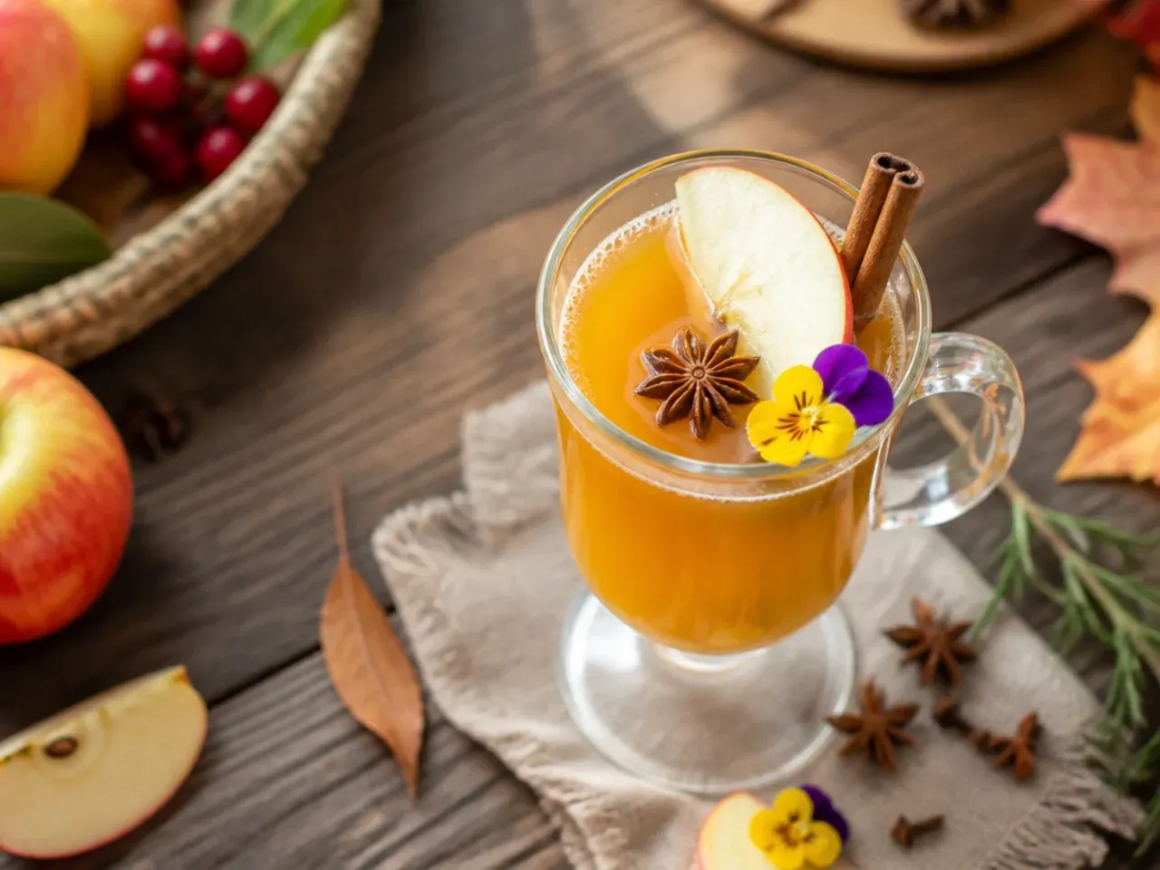Two mugs of cozy mulled apple cider with cinnamon sticks and star anise on a rustic table