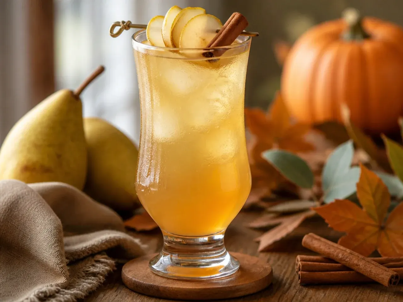 Pitcher of maple pear cooler with thin pear slices floating and glasses ready to pour