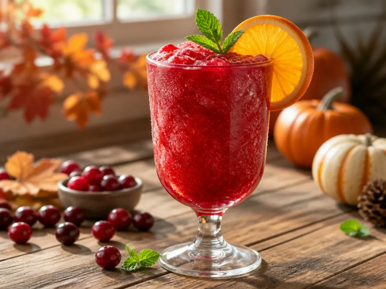Frozen cranberry slush in a glass with a straw and fresh cranberries scattered around