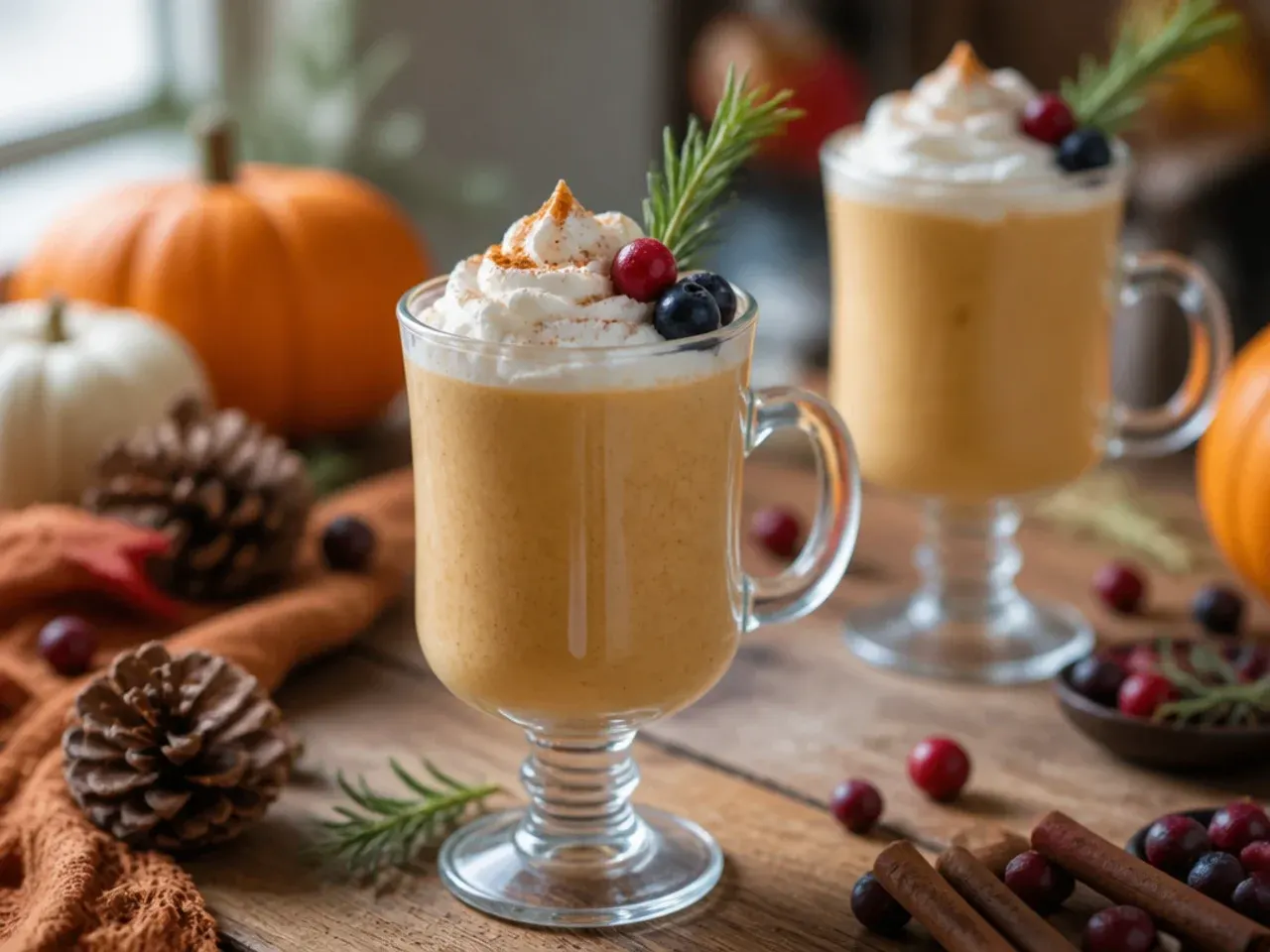 Blended pumpkin pie smoothie in a glass topped with a sprinkle of cinnamon and a cinnamon stick straw