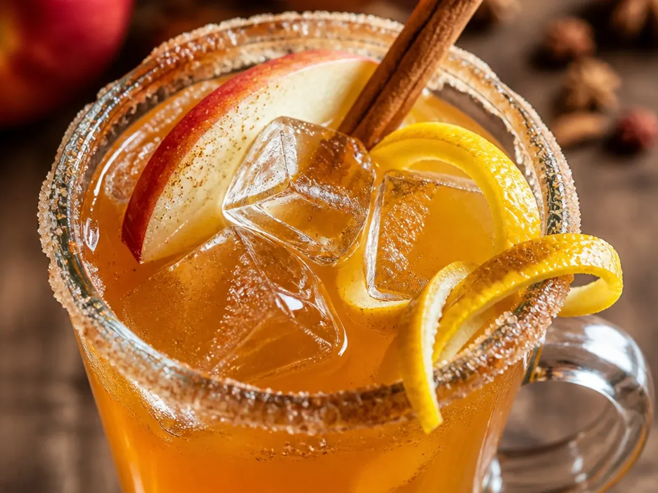 Mug of spiced chai apple cider with a cinnamon stick and a chai tea bag string draped over the rim