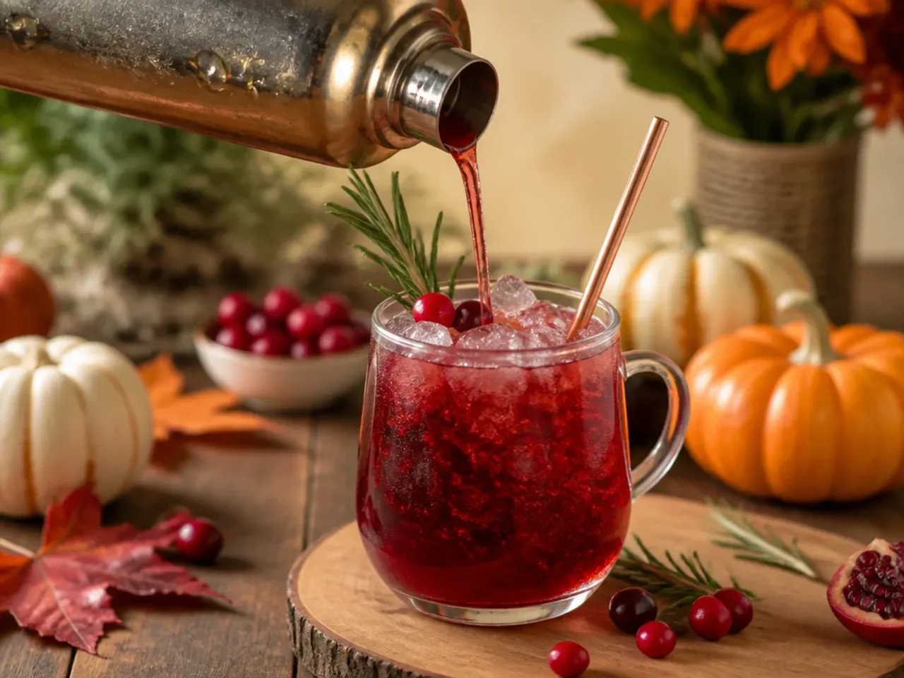 Festive cranberry pomegranate punch in a glass bowl with floating pomegranate arils and cranberries
