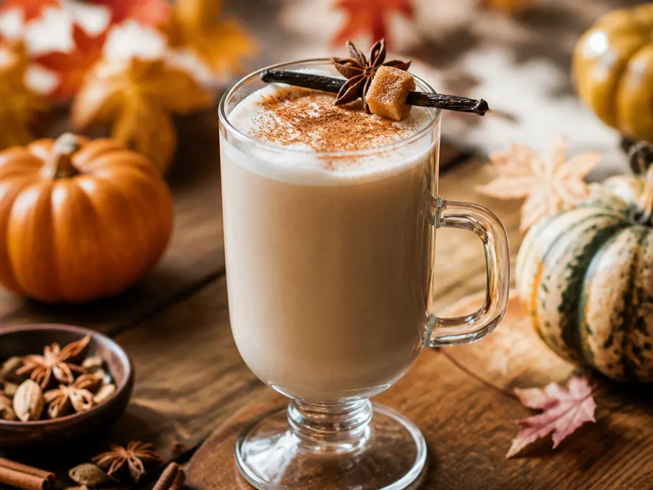 Smooth vanilla chai latte in a glass mug with steamed milk foam and a cinnamon stick garnish