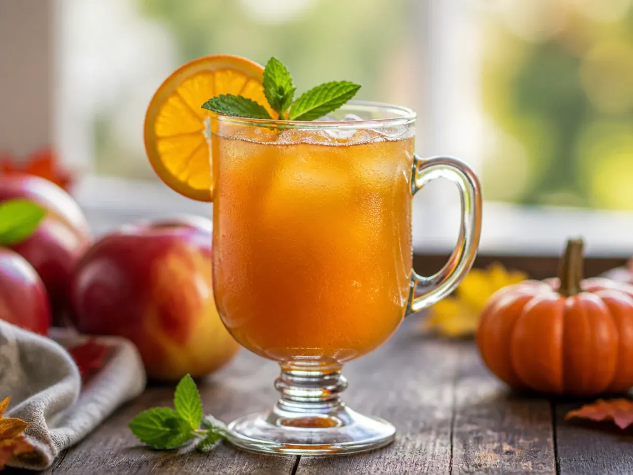 Iced caramel apple cider in a glass with caramel drizzle streaks and an apple slice on the rim