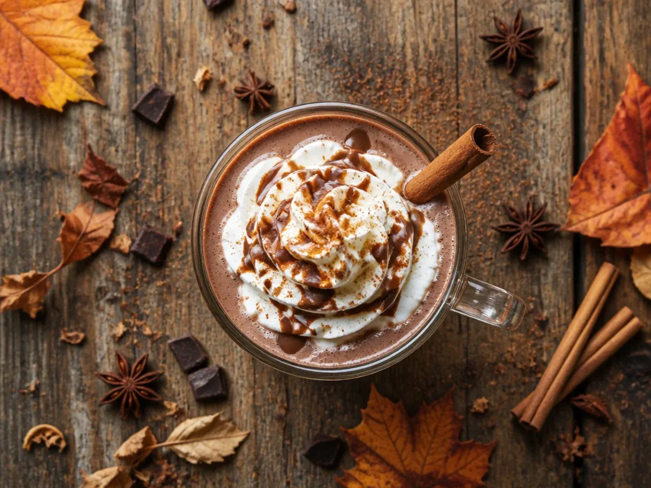 Mug of classic hot chocolate with a cinnamon stick and marshmallows on top