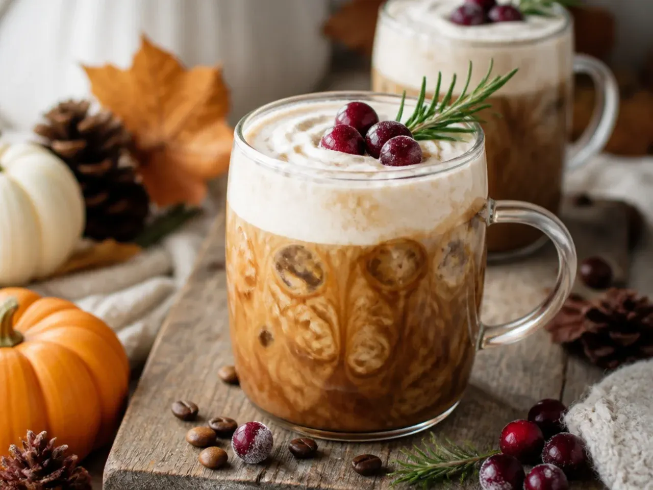 Copycat pumpkin cream cold brew in a glass with a thick pumpkin cream layer floating on iced coffee