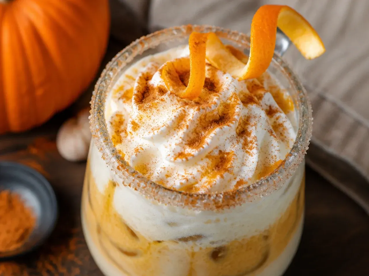 Creamy coconut pumpkin latte in a mug with a swirl of coconut foam and a sprinkle of nutmeg
