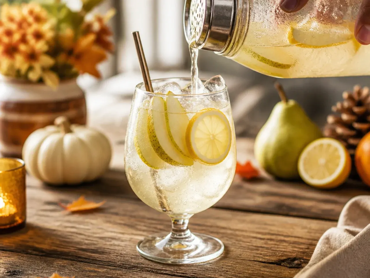 Sparkling pear lemonade in a wine glass with a thin fanned pear slice garnish