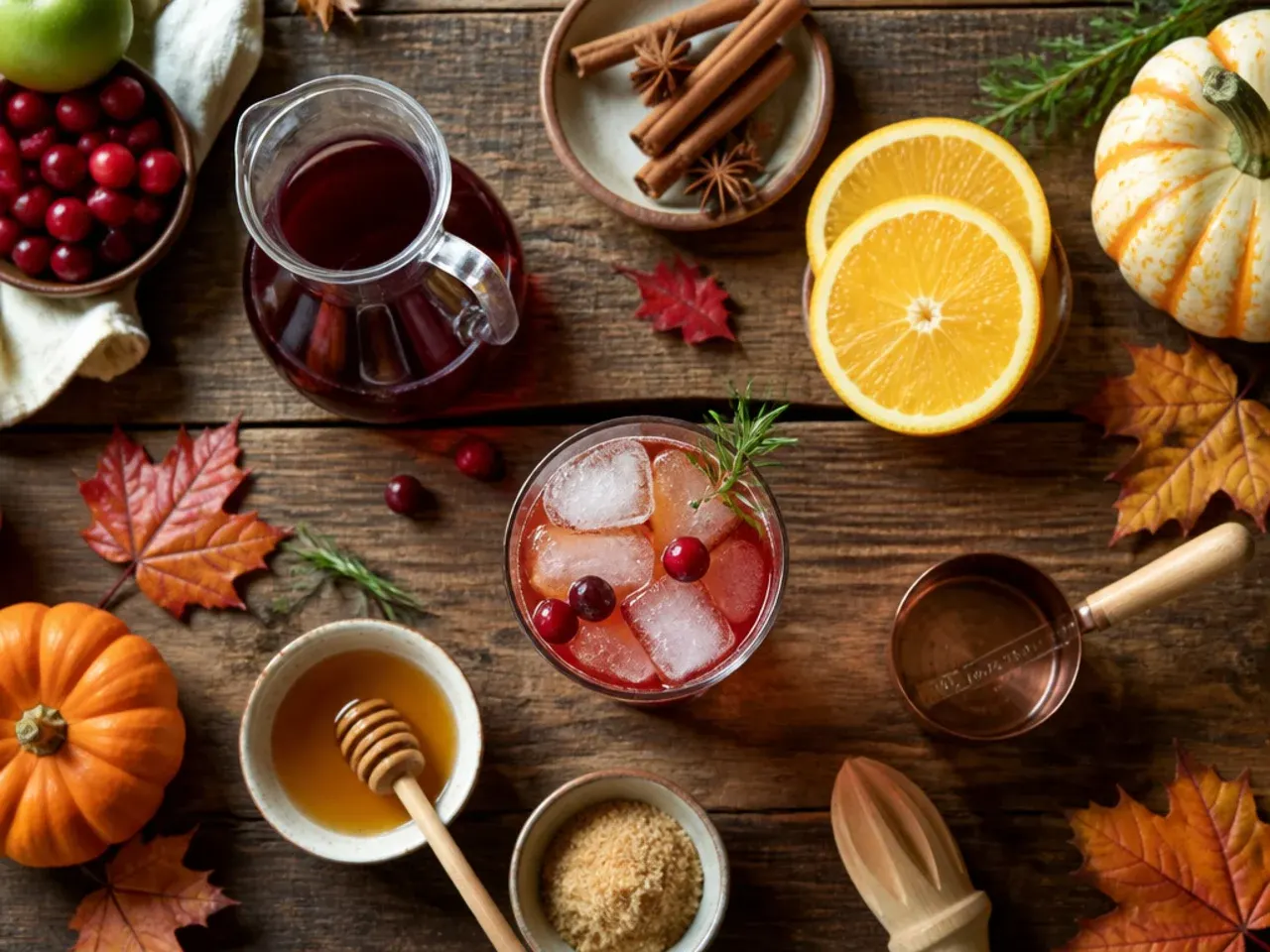 Close-up of hands measuring maple syrup and spices into a saucepan for Thanksgiving drinks