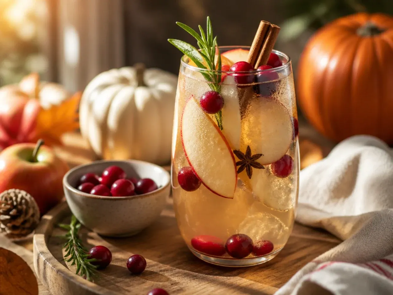Thanksgiving drinks table styled with garnished glasses, cinnamon sticks, orange slices and small label cards