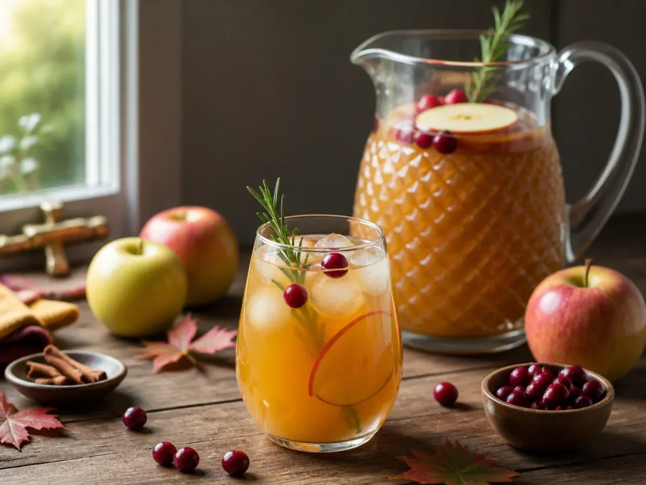 Pitchers of make-ahead Thanksgiving drink bases lined up in the refrigerator with labels