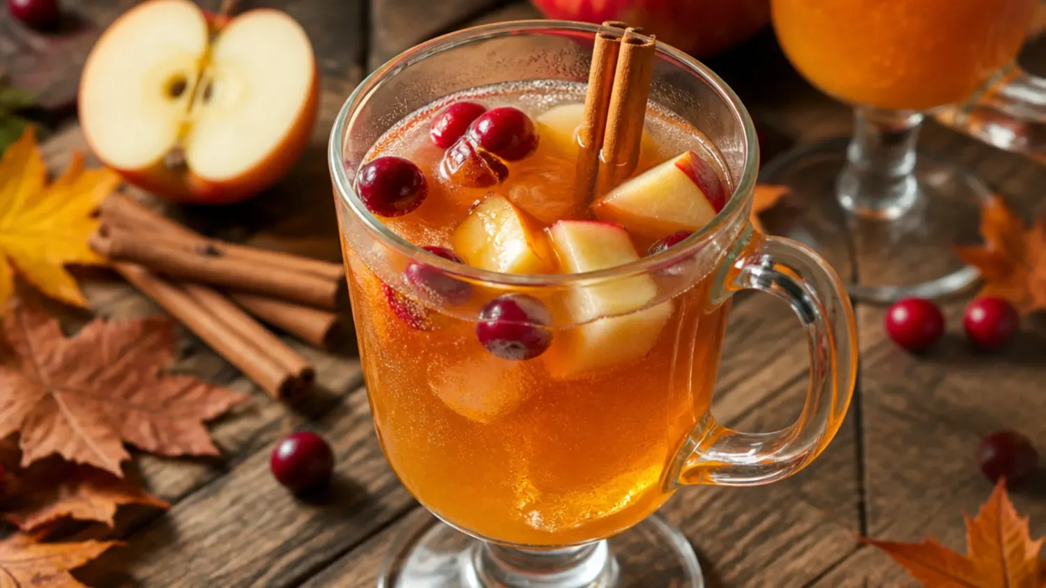 A glass punch bowl of ruby-red thanksgiving punch floating with orange rounds, fresh cranberries and cinnamon sticks, ladle resting on the rim