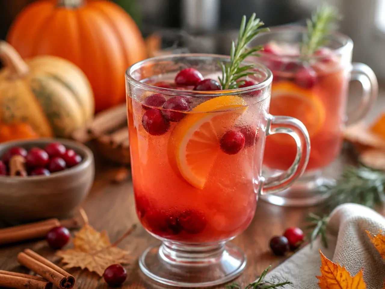 Punch bowl of classic cranberry apple cider thanksgiving punch with orange slices