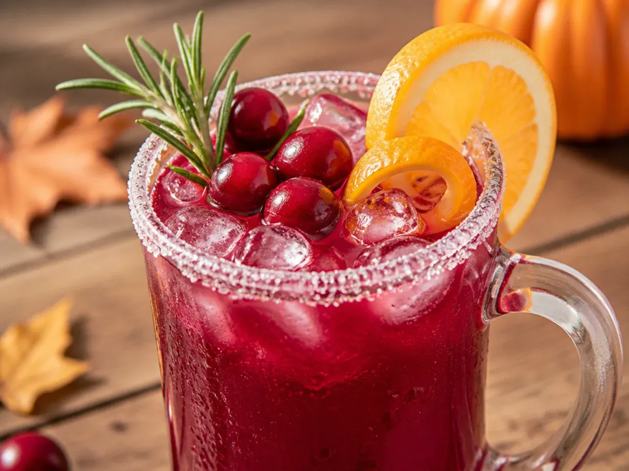 Bright red copycat thanksgiving punch in a glass pitcher with lime wheels