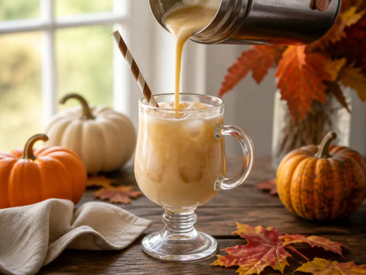 Creamy pale orange thanksgiving punch with a scoop of vanilla ice cream floating on top