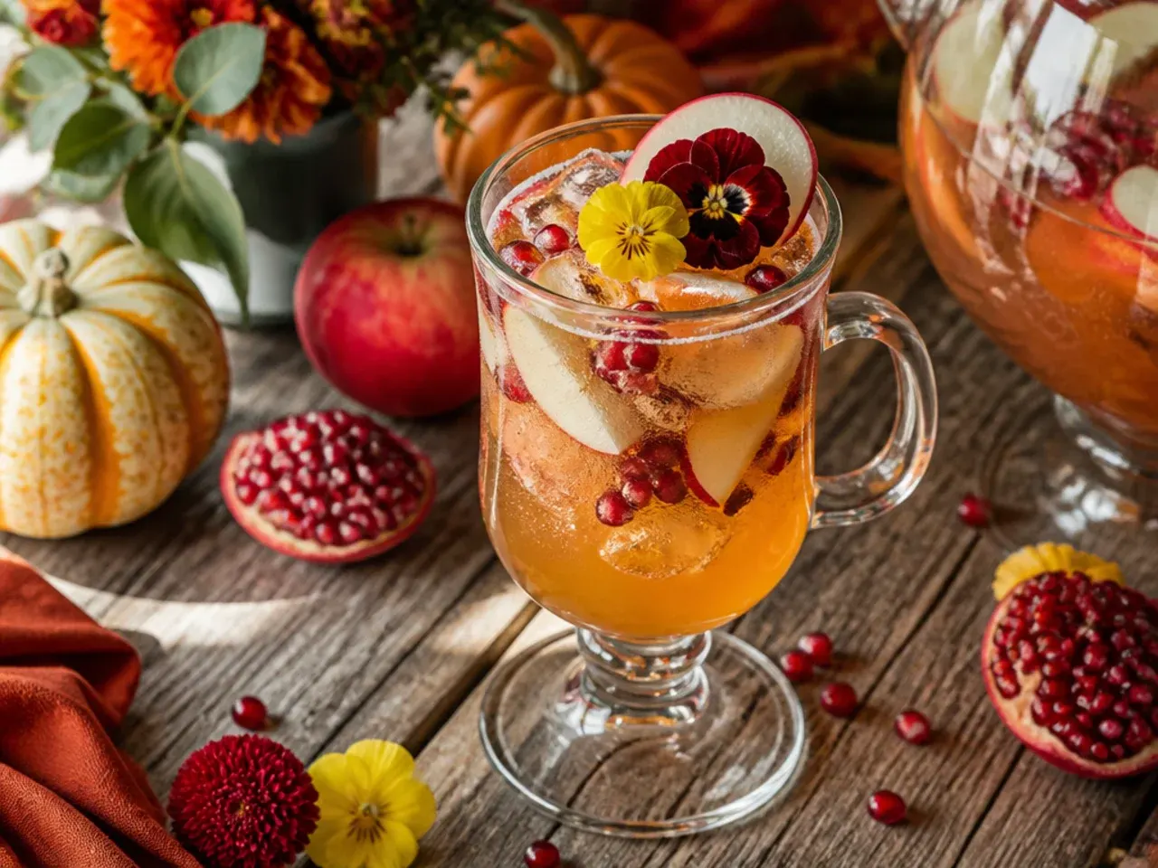 Mugs of warm spiced cozy thanksgiving punch with cinnamon sticks and orange slices