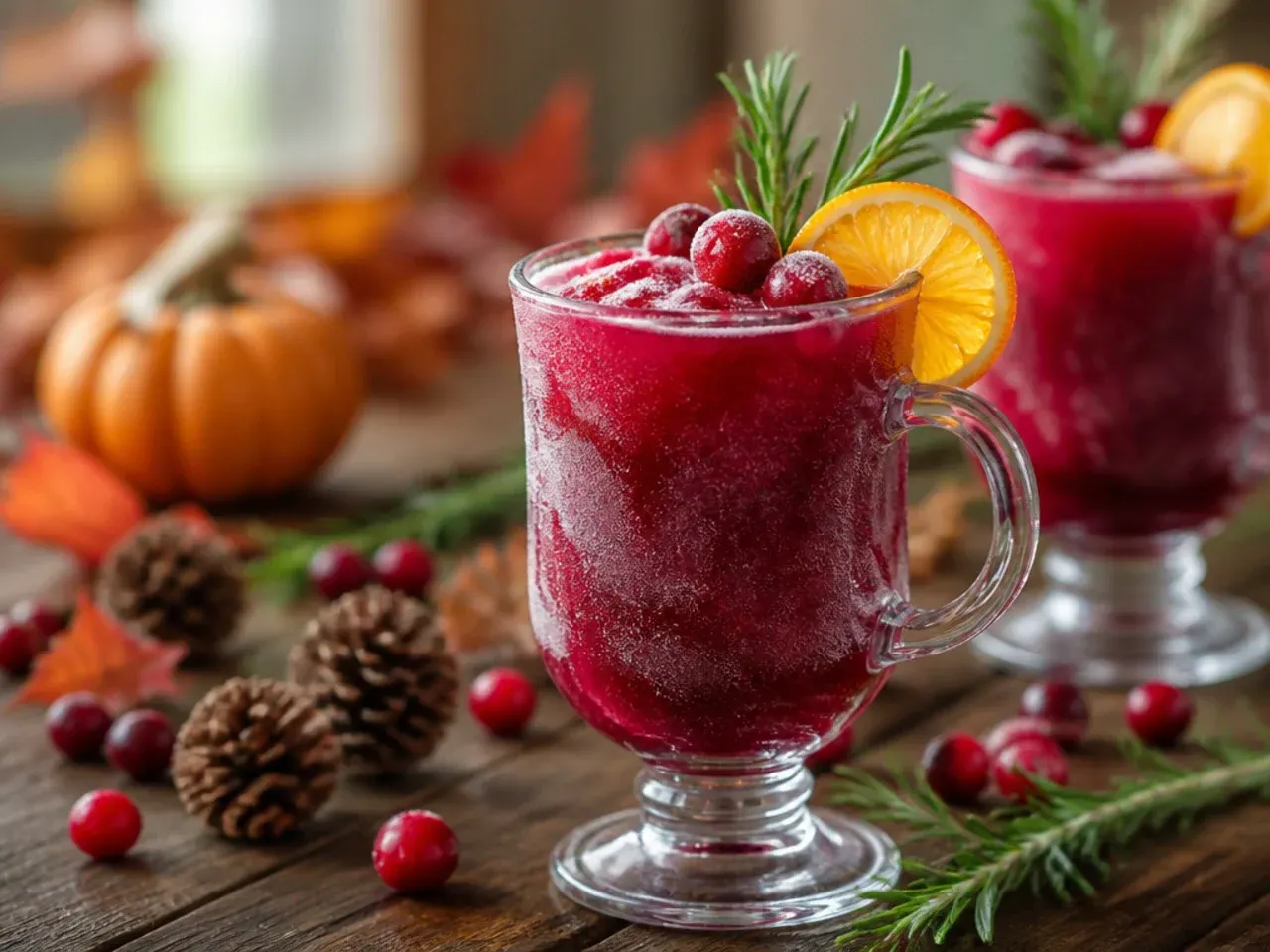 Blended slushy thanksgiving punch in a glass with an orange wheel garnish