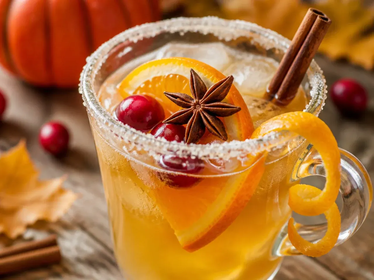 Spiced thanksgiving punch with whole star anise, cloves and cinnamon sticks floating