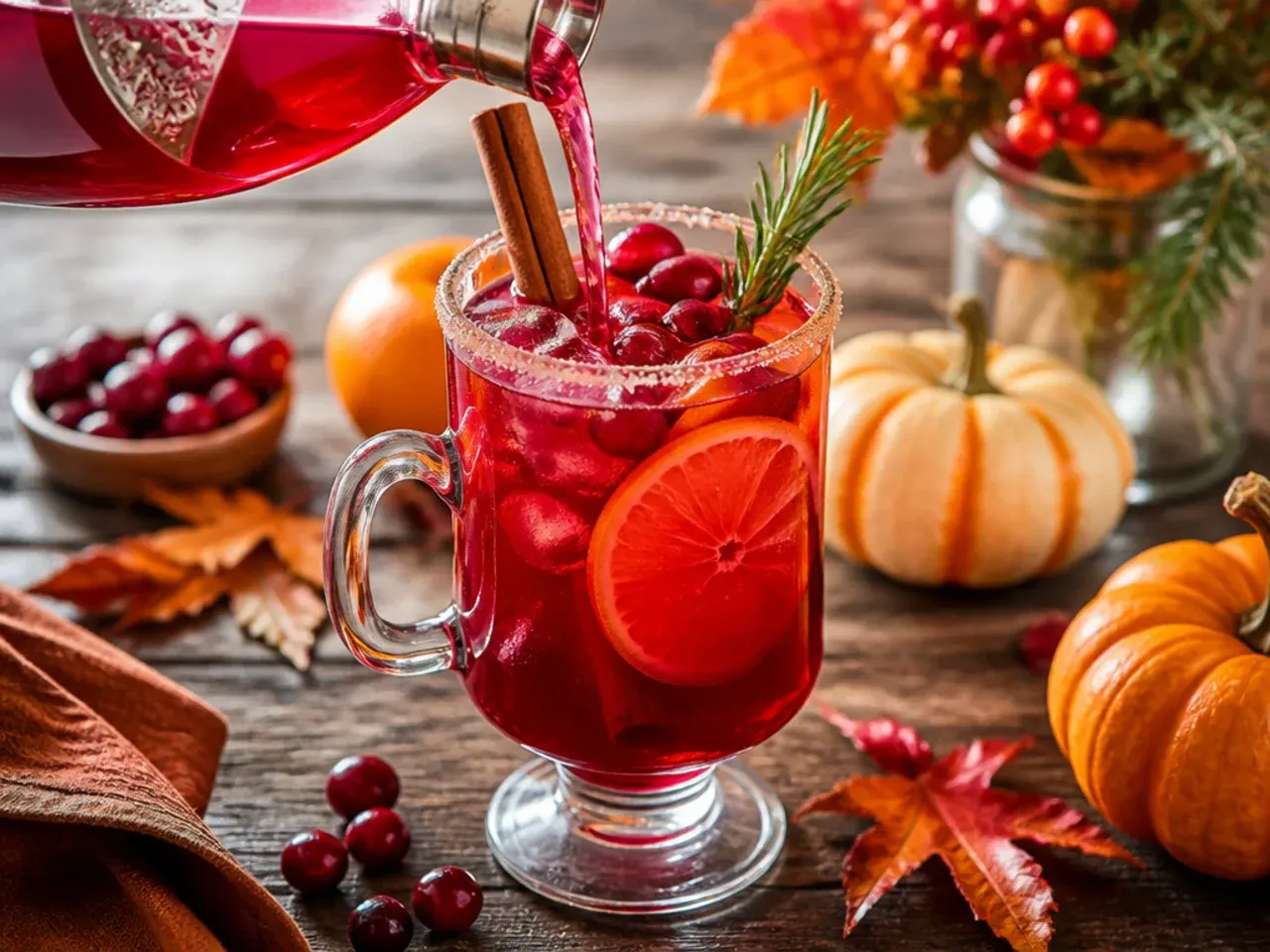 Festive thanksgiving punch bowl with pomegranate arils and rosemary sprig garnish