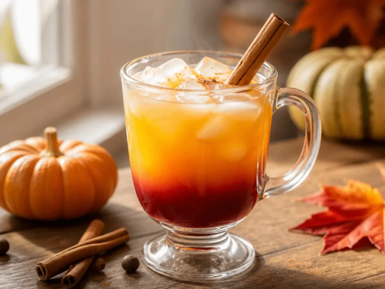 Layered thanksgiving punch in a clear glass showing distinct red and gold bands