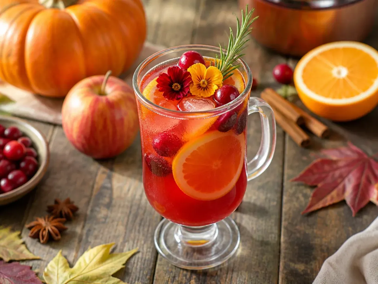 Bold spiked thanksgiving punch with bourbon in a punch bowl with an orange garnish