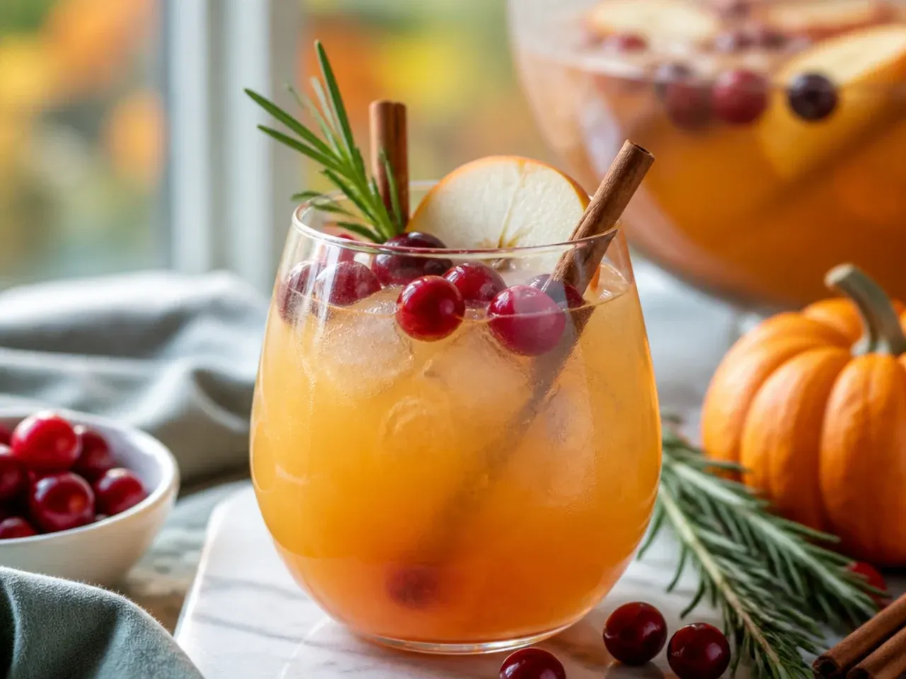 Punch bowl garnished with orange rounds, cranberries and cinnamon sticks, glasses with sugared rims nearby