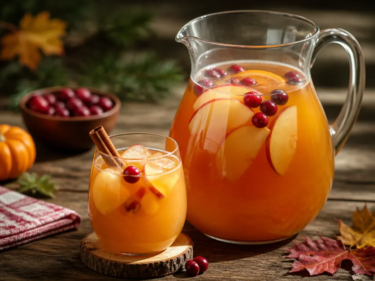 Pitchers of pre-mixed thanksgiving punch base lined up in the fridge for batching