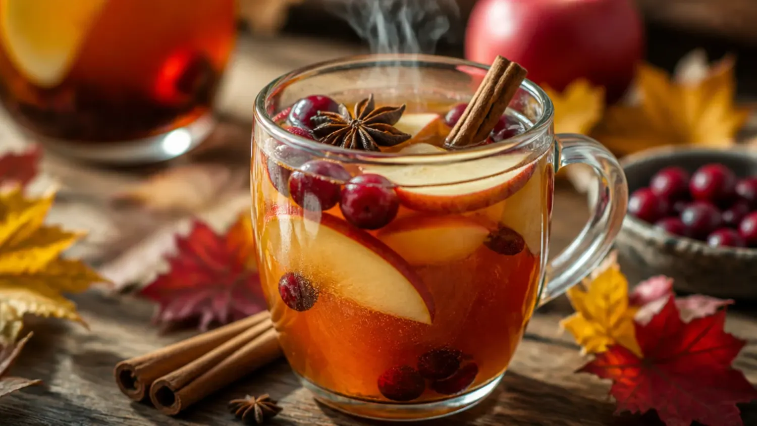 A rustic wooden table set with glasses of spiced apple cider punch, cranberry mimosas and pumpkin cocktails, garnished with cinnamon sticks and orange slices