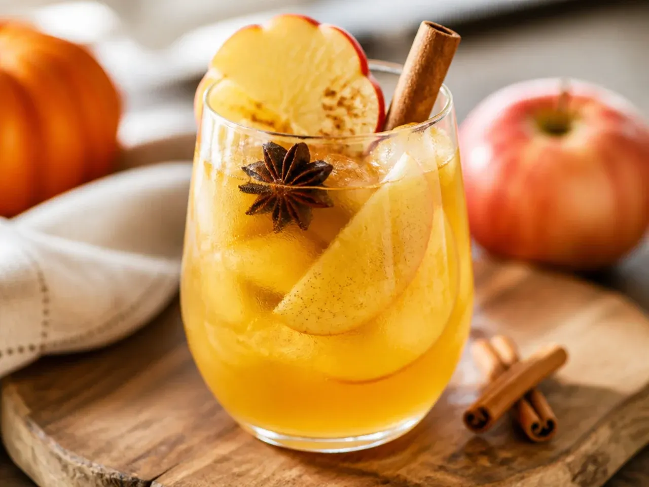 Overhead shot of several thanksgiving themed drinks in different glasses arranged on a table with autumn leaves and cinnamon sticks