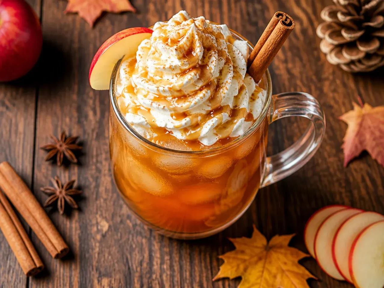 Tall glass of iced spiced apple cider with ice cubes, a cinnamon stick and an apple slice garnish