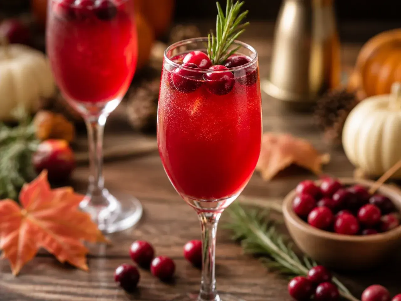 Champagne flute filled with pink-orange cranberry mimosa topped with floating frozen cranberries