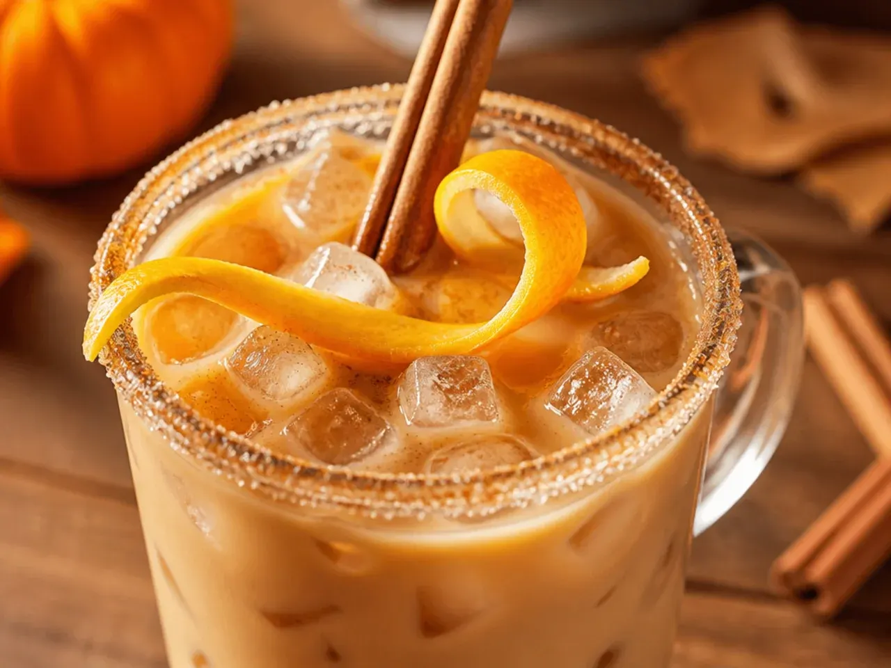 Glass mug of homemade pumpkin spice latte with frothed milk and a dusting of cinnamon on top