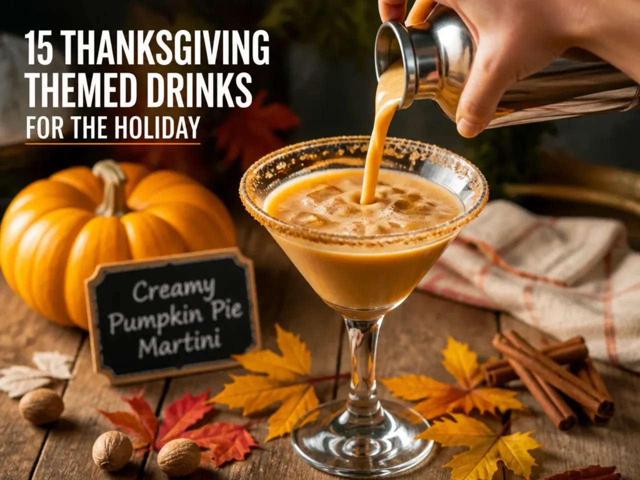 Martini glass with creamy orange pumpkin pie martini and a graham cracker crumb rim