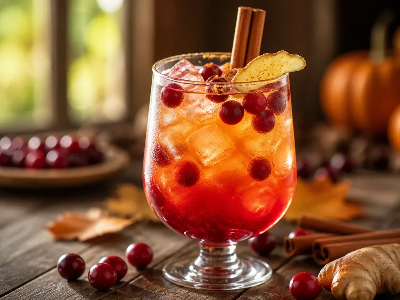Highball glass of cranberry ginger spritz with ice, lime wheel and a rosemary sprig garnish