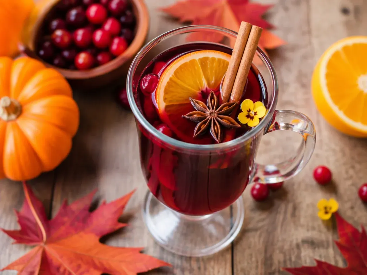 Steaming mug of mulled wine with an orange slice and cinnamon stick, next to a saucepan of spiced red wine