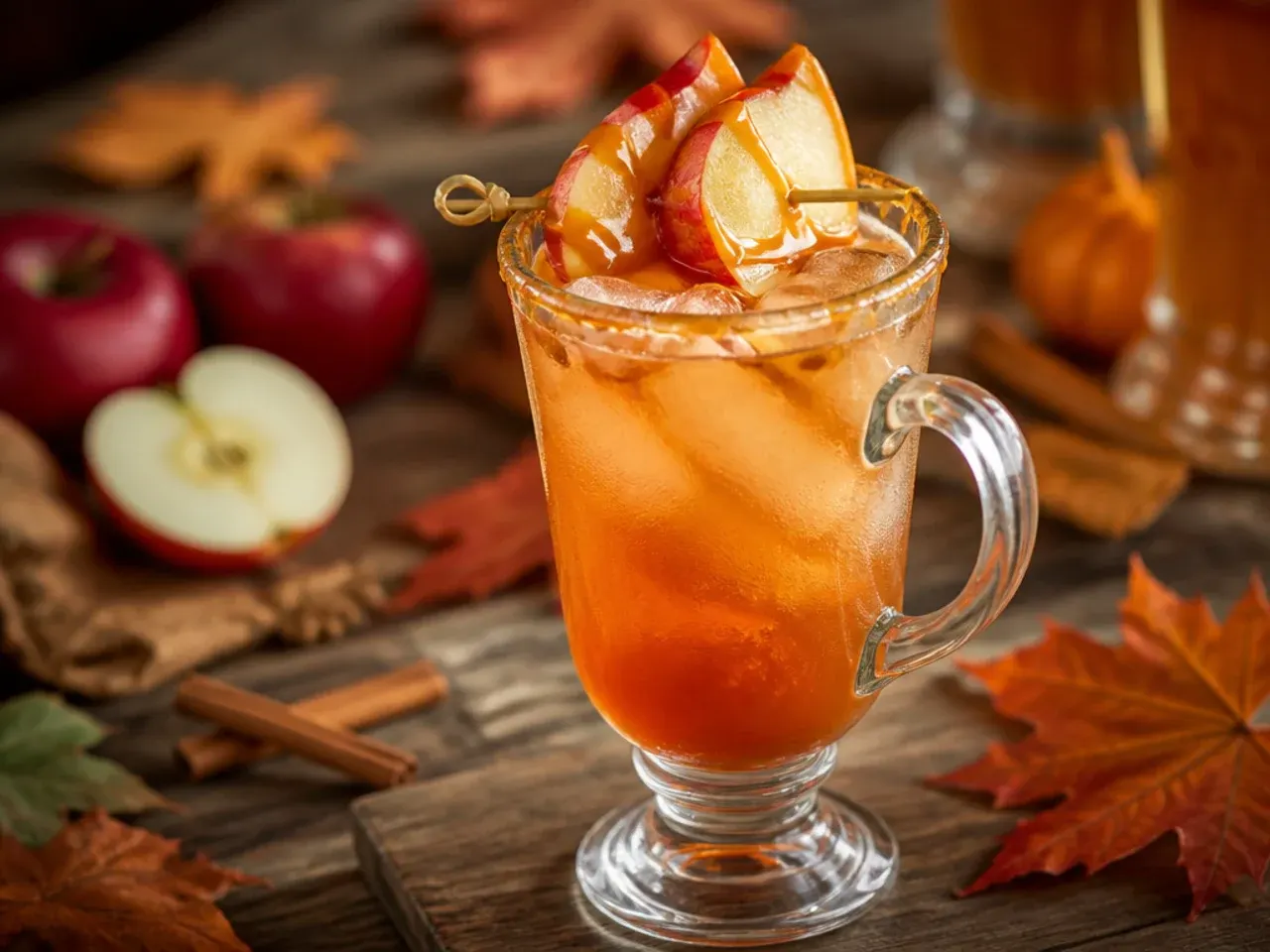 Rocks glass of caramel apple cocktail with caramel drizzle streaked down the inside and an apple fan garnish
