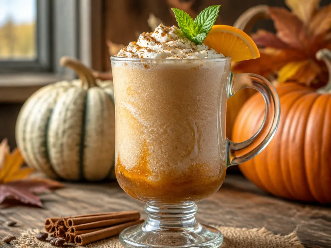 Frozen pumpkin spice white russian cocktail in a glass with a creamy orange-brown swirl and cinnamon dusting