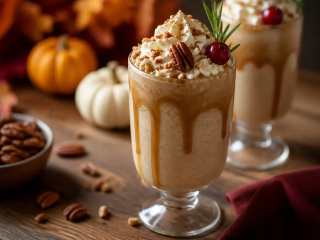 Thick pecan pie milkshake cocktail topped with whipped cream, crushed pecans and a pecan rim