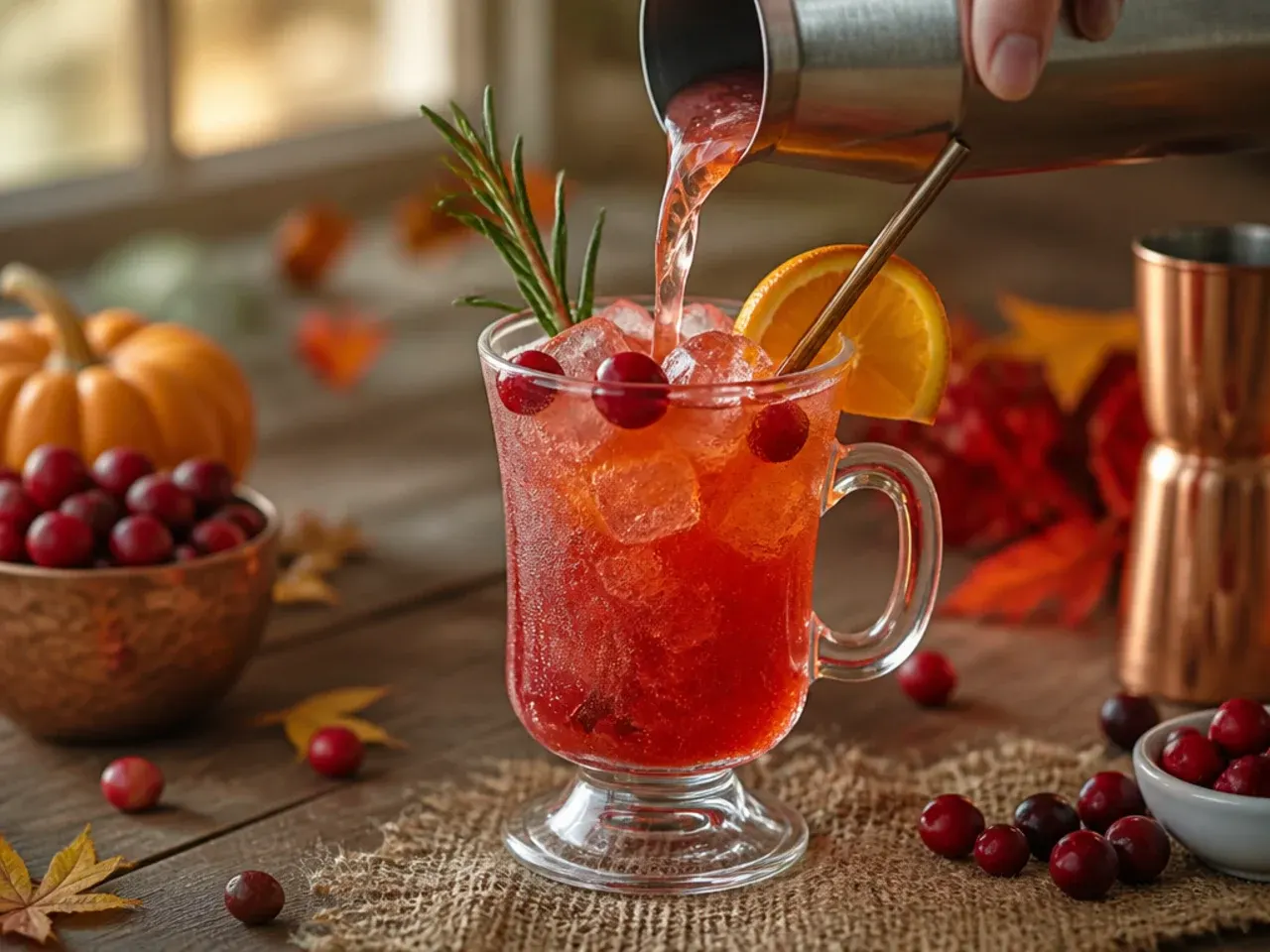 Copper mug of cranberry orange mule with ginger beer fizz, orange wheel and cranberries on a cocktail pick