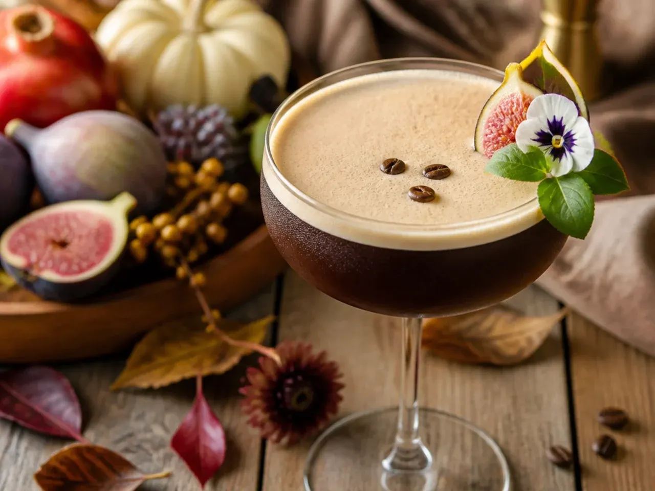 Martini glass with a spiced espresso martini showing a thick foam top and three coffee beans