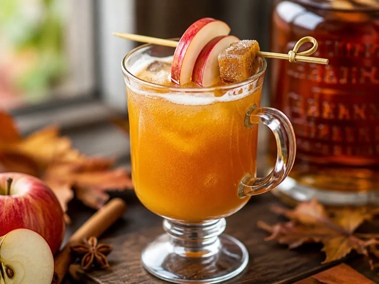 Large glass punch bowl of bourbon apple cider punch with a floating ice ring, orange slices and cinnamon sticks
