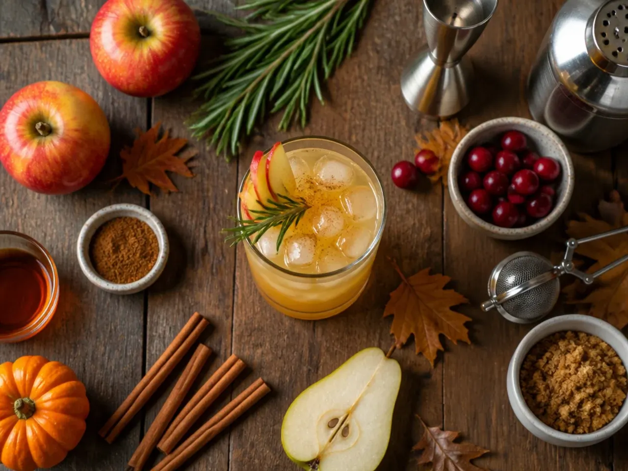 Bartender's hands shaking a cocktail shaker with ice and spiced ingredients over a marble counter
