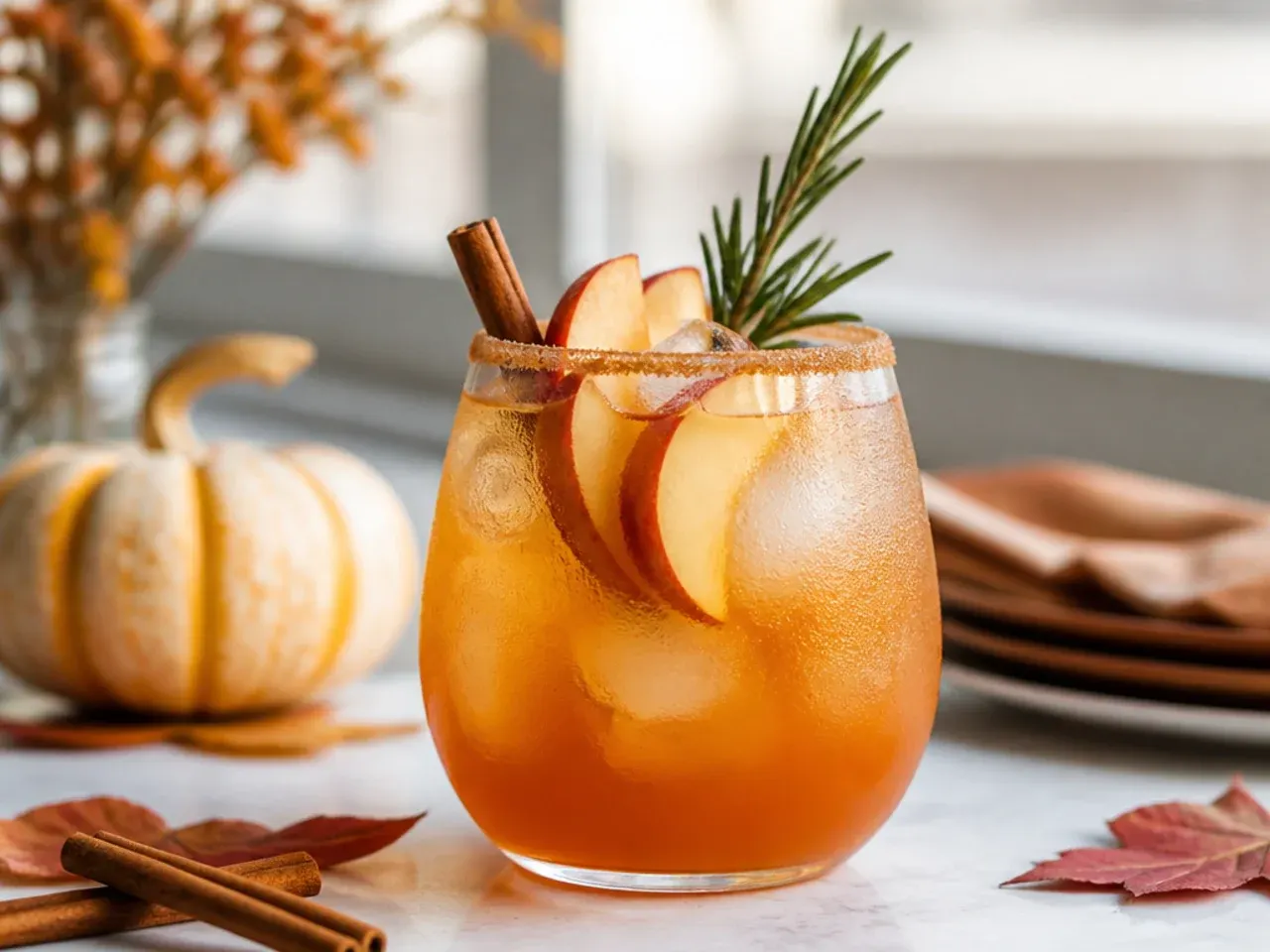Drink garnish station with cinnamon sticks, apple slices, fresh cranberries and sugared glass rims laid out on a tray